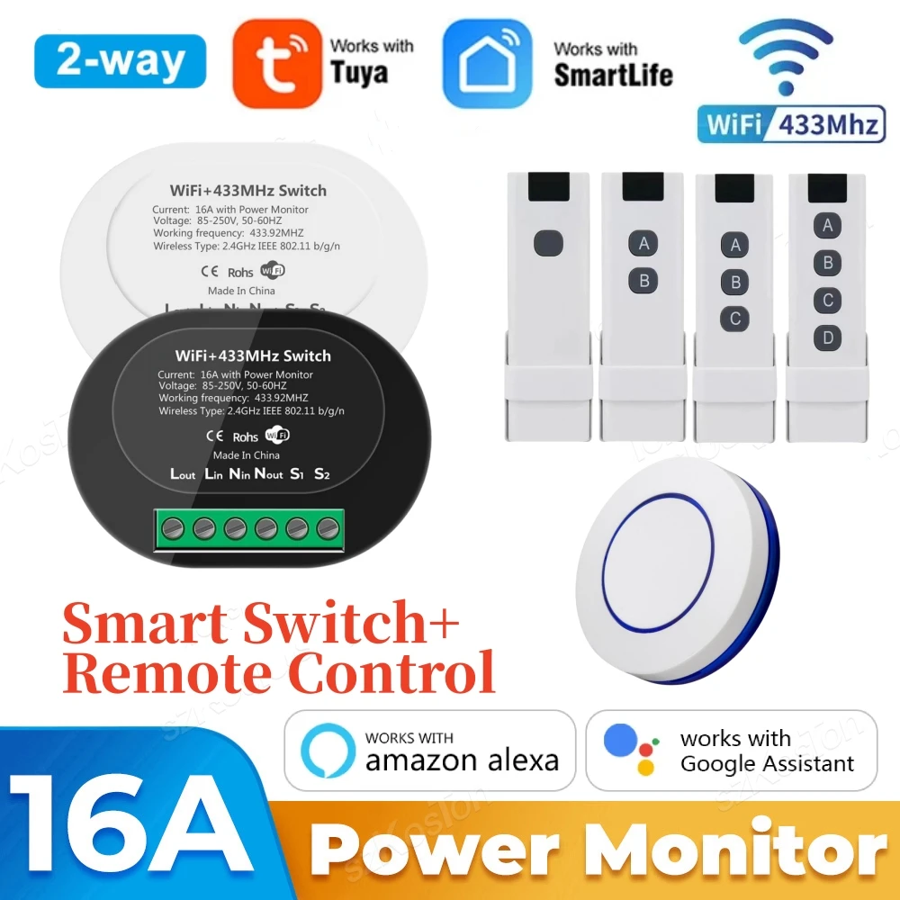 

16A Tuya WiFi Smart Switch with Power Monitor RF433 Remote Control 2 Way On Off Timer Breaker Smart Life APP For Alexa Google