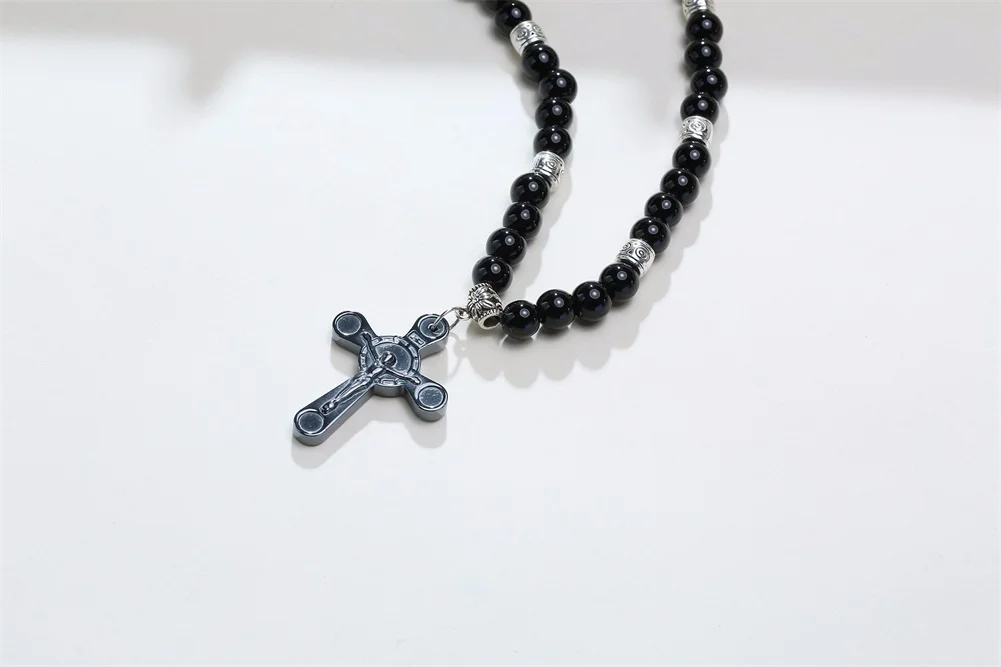 HERREN SCHWARZE CARNELIANISCHE STEIN ROSAIRPERLEN-HALSKETTE CROSS CRUCIFIX KATHOLISCHER MÄNNLICHER SCHMUCK – Detail 2