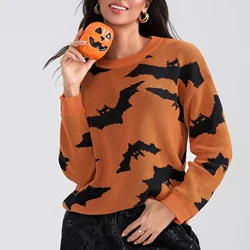 Halloween Sweate Women Long Sleeve Crew Neck Bats Loose Pullover Tops Fall Winter Warm Vintage Sweater