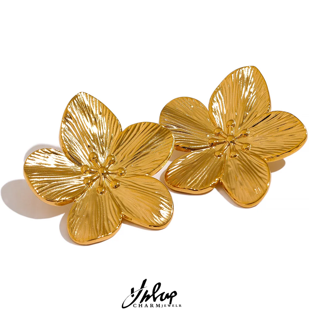 Yhpup Tarnish Free Vintage Gold Color Stainless Steel Flower Metal Stud Earrings for Women Individual Stylish Trendy Jewelry