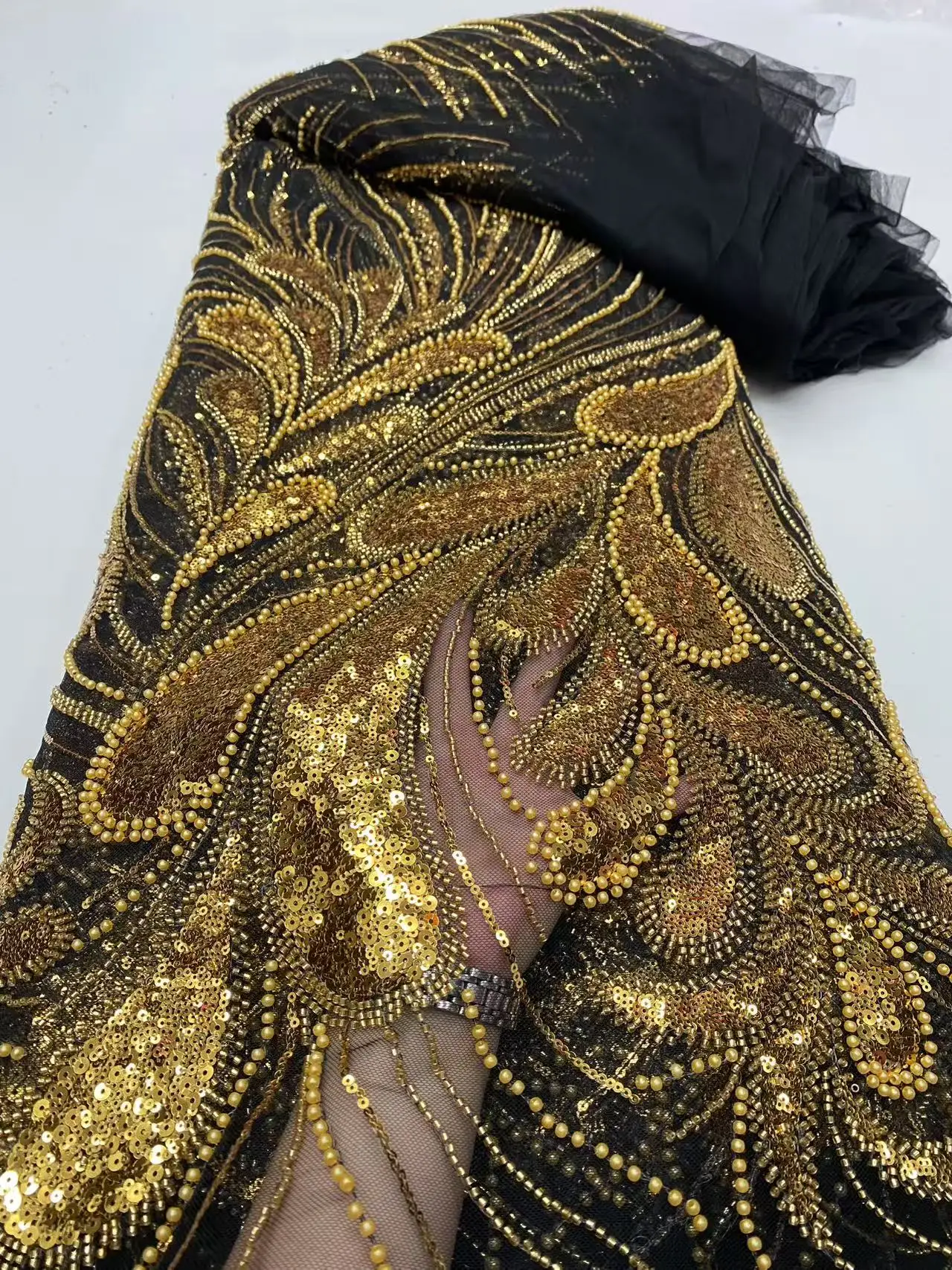 

Luxury Exquisite High-end New Fashion Design Fabric Handmade Embroidery Net Lace Full Beads For Making Women Wedding Dress