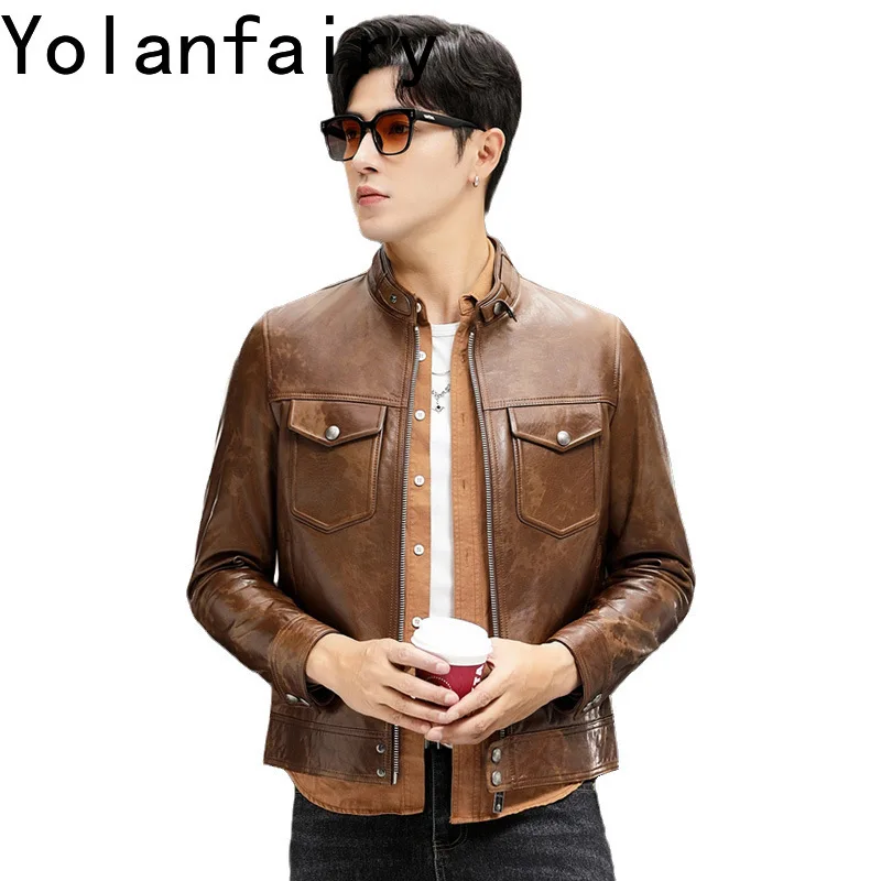 YOLANFAIRY Men Leather Jacket Autumn Coat Mens Clothing Motorcycle Jacket Slim Fit Business Casual Top Short Style Jaqueta Couro