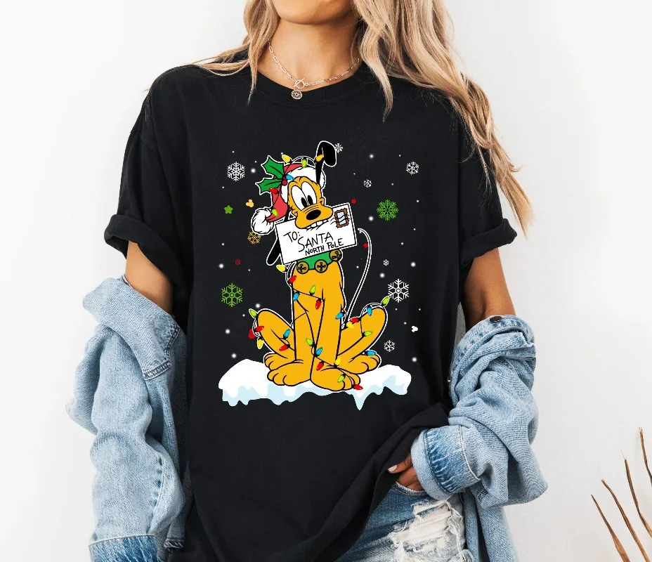 قميص ديزني بلوتو دوج لأضواء عيد الميلاد ندفة الثلج ميكي والأصدقاء قميص عيد ميلاد سعيد #2