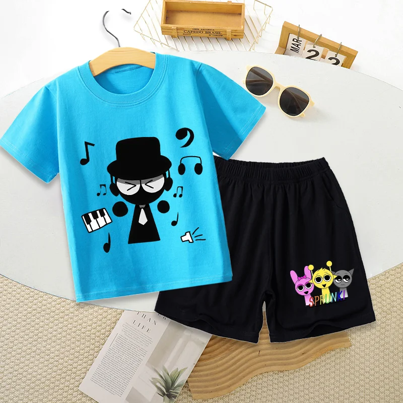 Sprunki T-shirt Shorts Set Short Sleeve Boys Girls Clothes Summer Cute Cartoon Sportwear Round Neck Shirts Birthday Gifts Tops