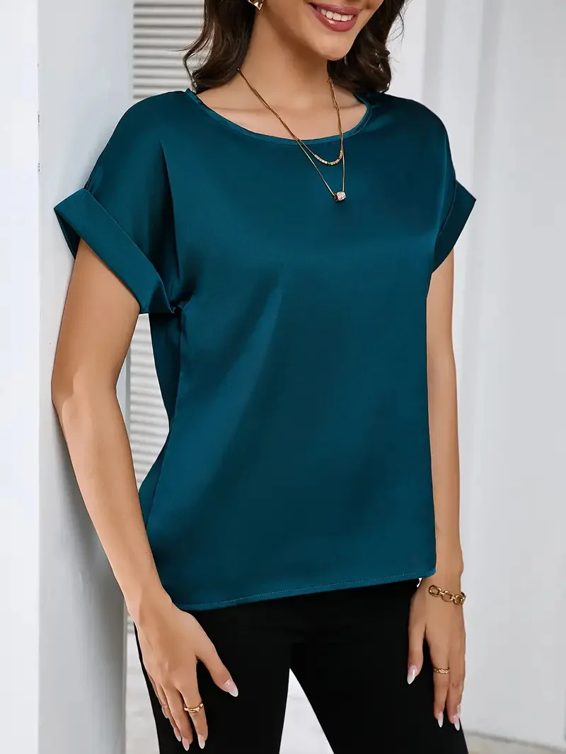 2025 roupas femininas verão novo estilo simples em torno do pescoço cor sólida sensação de luz manga curta solta camiseta