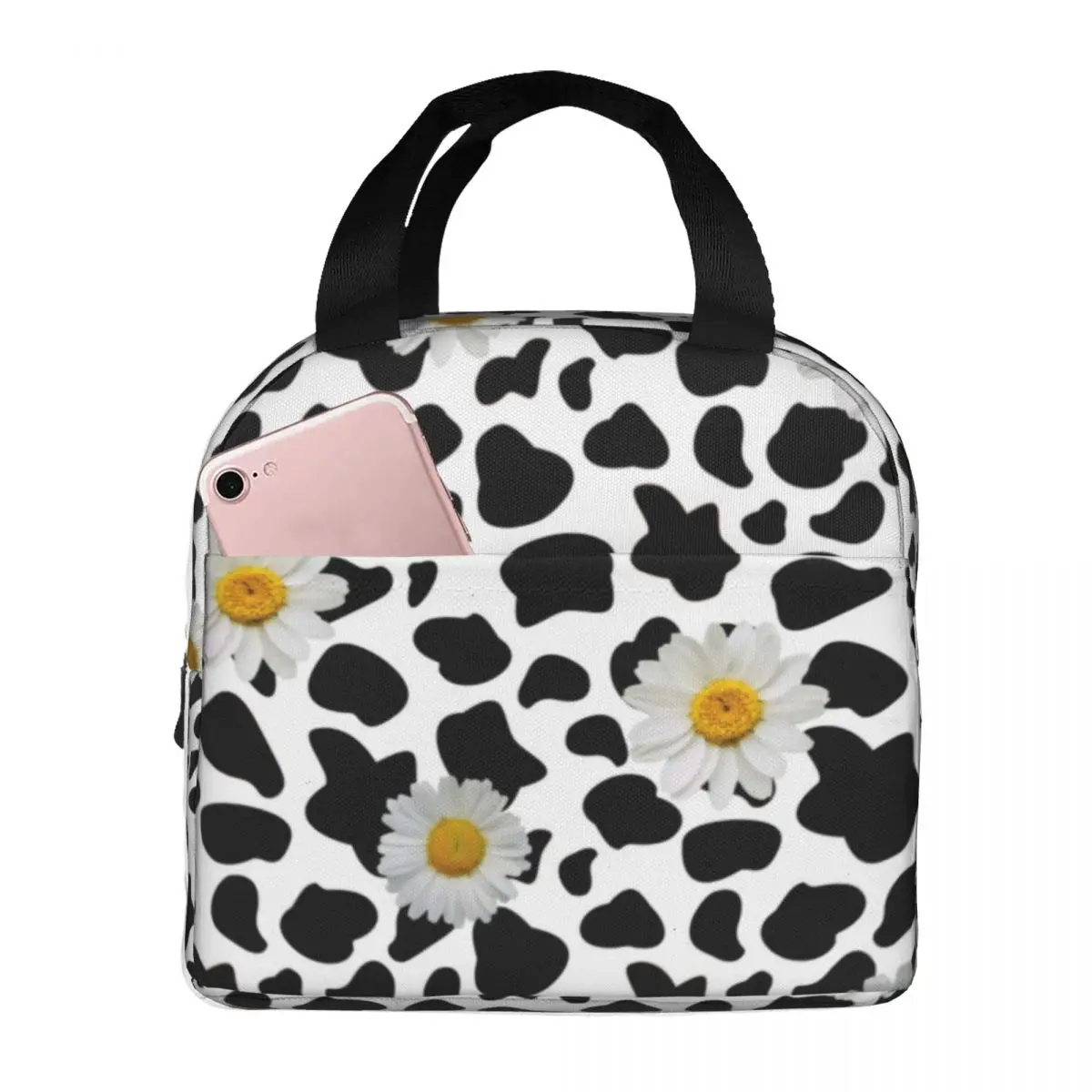 Daisy Cow Print Lunch Bag with Handle Floral Animal Cowprint Cool Cooler Bag Cooling Travel Aluminum Thermal Bag