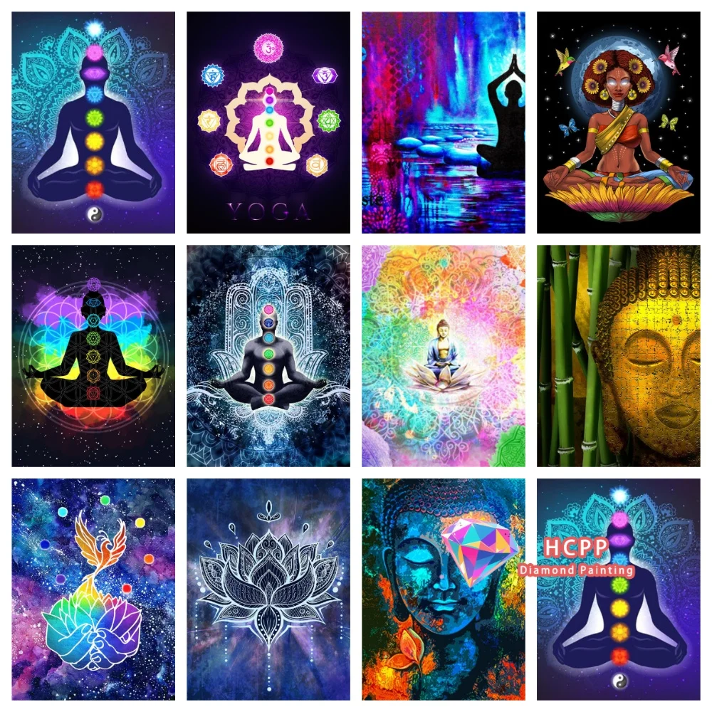 Indische Buddha-Statue Meditations-Chakra Diamant-Malerei-Set Quadratische Runde Diamanten 5D DIY Yoga Mosaik Handgemachte Kunst Exquisites Geschenk