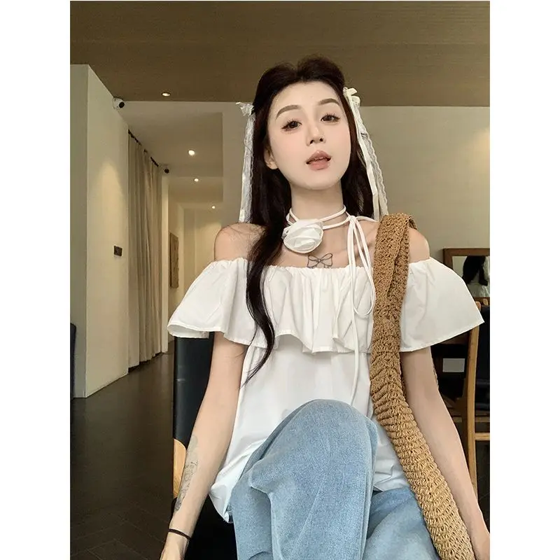 Summer Straight Neck Off Shoulder Shirt Elegant Fashion Lace-up New Sweet Short Sleeve Tops Comfortable Leisure Women Clothing