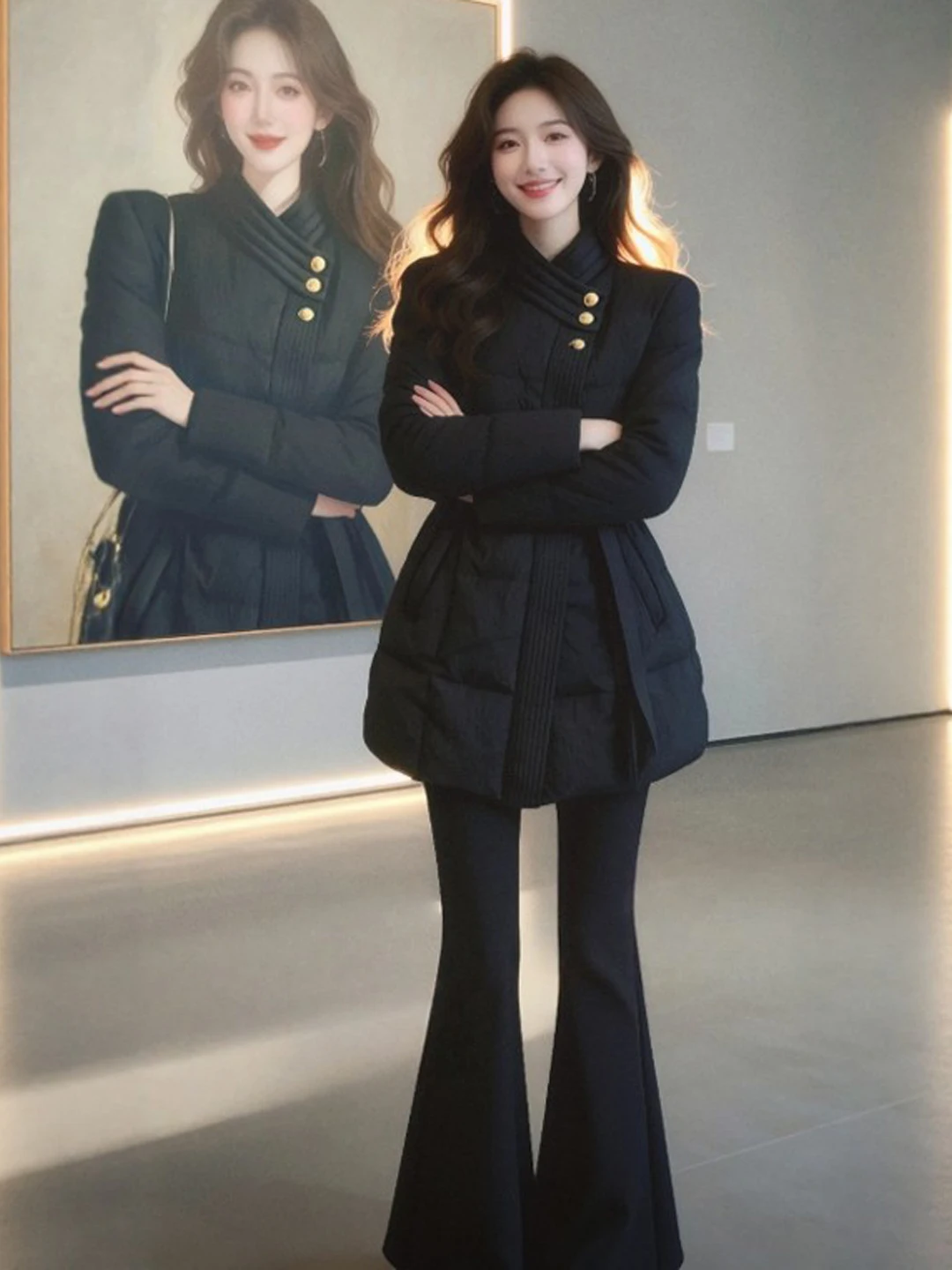 

Hebe Sle Faionable Cotton Jaet Waist-Cinching Trendy Spring Outerwear Small Size Sli Coat Korean Version Long Sve