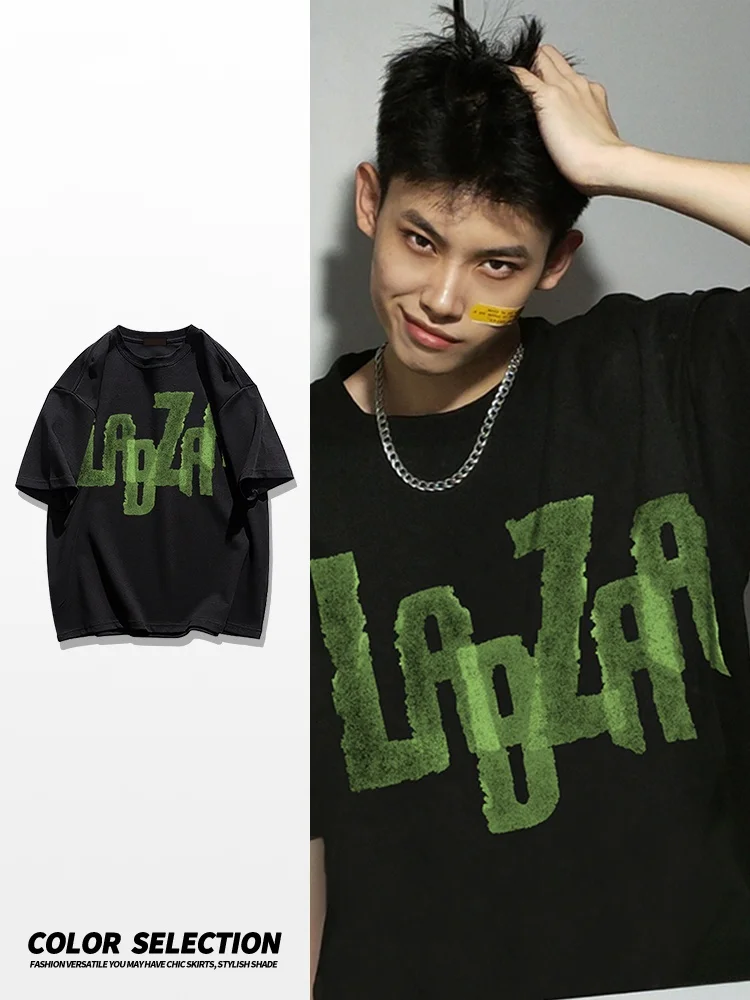 

Retro Sle Pure Cotton ort Sve T-irt Men's Summer Trendy Brand Letter Print High Street Casual Loose Fit round Ne