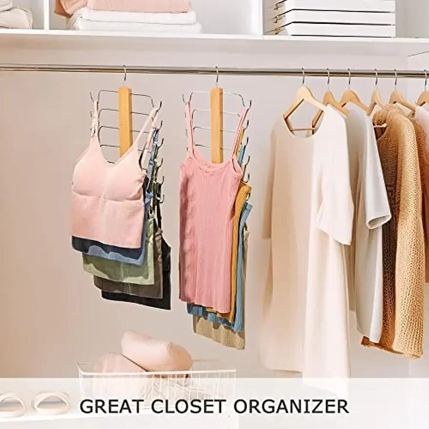 Space Saving Tank Top Hangers,360 ° Swivel Wooden Bra Rack, Closet Organizer Hanger for Camisoles, Scarves Ties Belt,1/2Pack