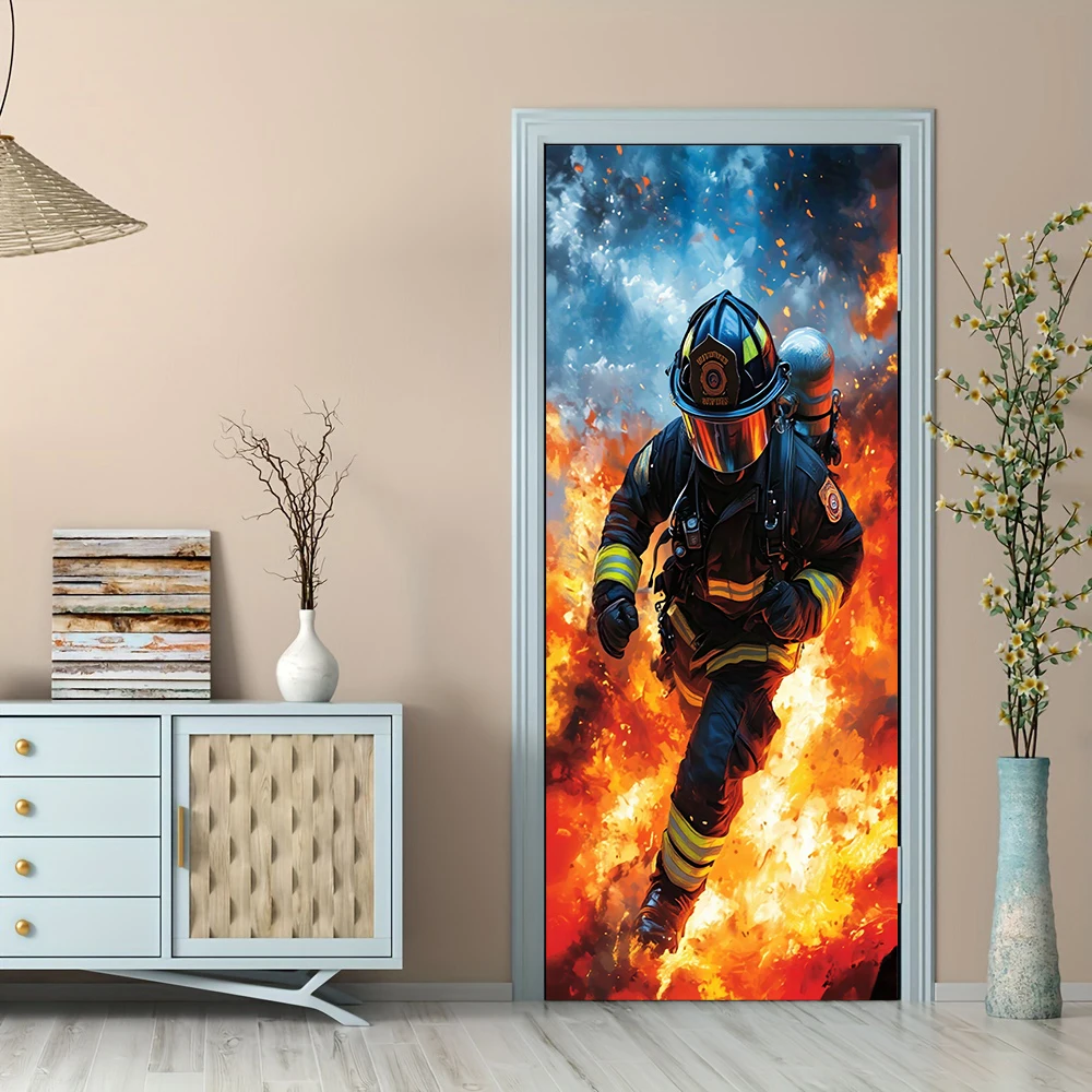 1pcs Self Adhesive Removable Vinyl Door Stickers Firefighters Hero Door Stickers Brave Firefighters in Flames Design Home Office