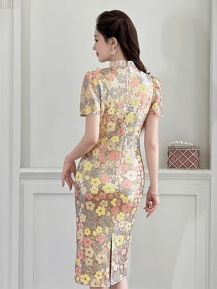 Frauen Shiny Pailletten Robe Floral Rüschen Stehen Neck Schlank Vestidos Bodycon Midi Kleid Elegante Dating Party Prom Weibliche Kleid Abend