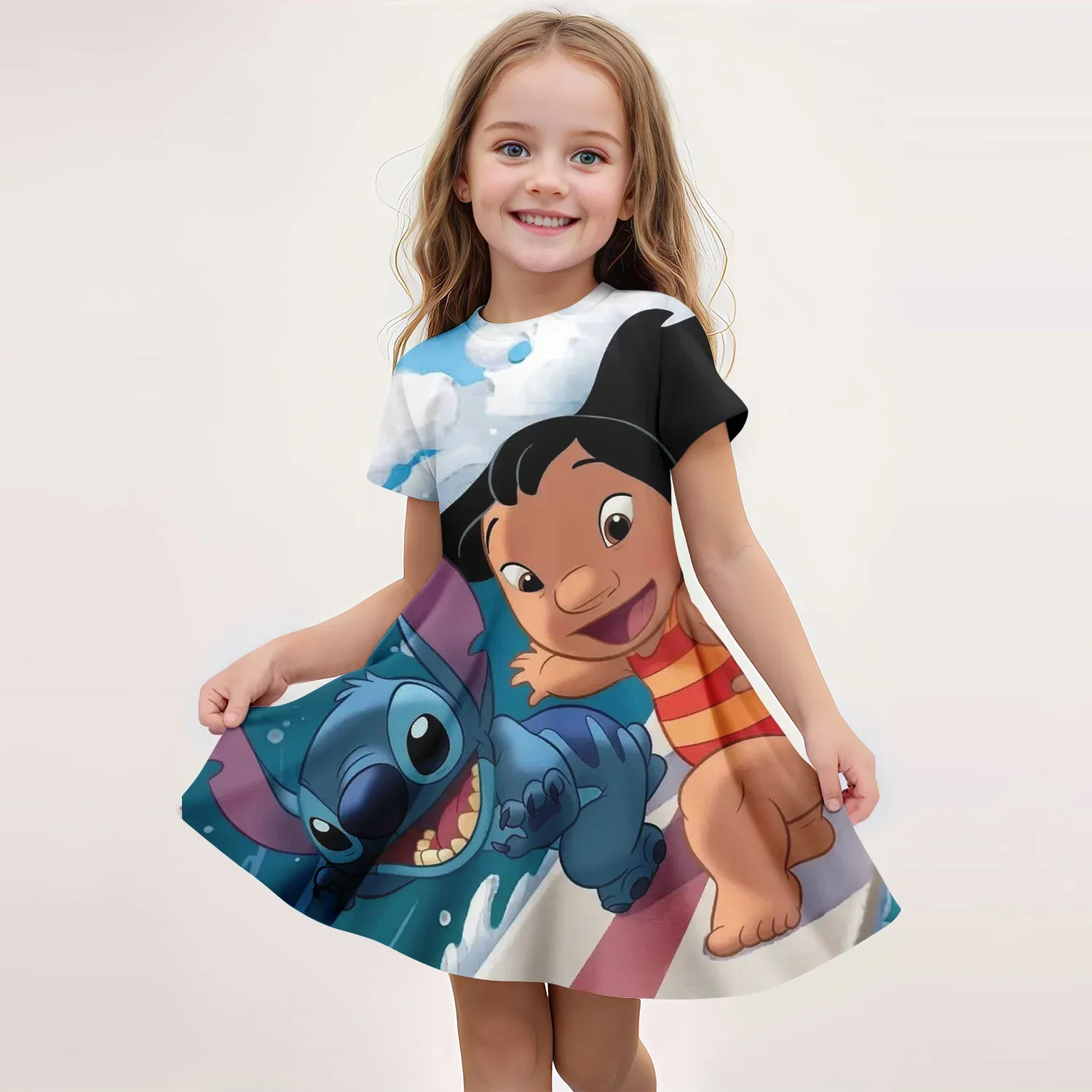 

2025 Summer Girls Short Sleeve Dress Cute Stitch 3d Printed Kids Skirt Fashion Trend Performance Clothing Breathable Casual Wear