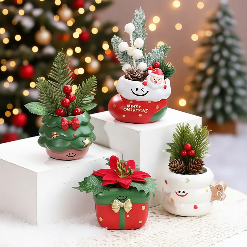 Christmas Theme Succulent Planters Resin Decorative Pots for Home Decoration Gift Idea Festive Greenery Container