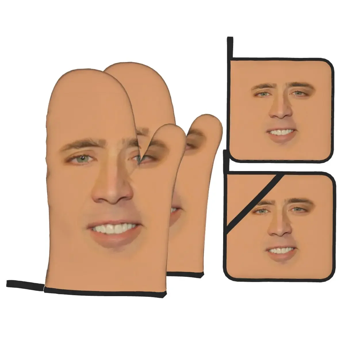 Custom Nicolas Cage Face Oven Mitts and Pot Holders for Kitchen Sets of 4 Funny Meme Heat Resistant Baking BBQ Cooking Gloves