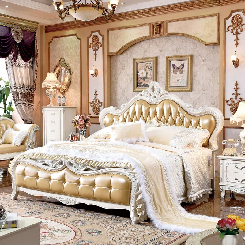 

Custom Luxury Antique French Style Bedroom Furniture European Solid Wood Carved Double Leather Wedding Bed king Size Royal Bed