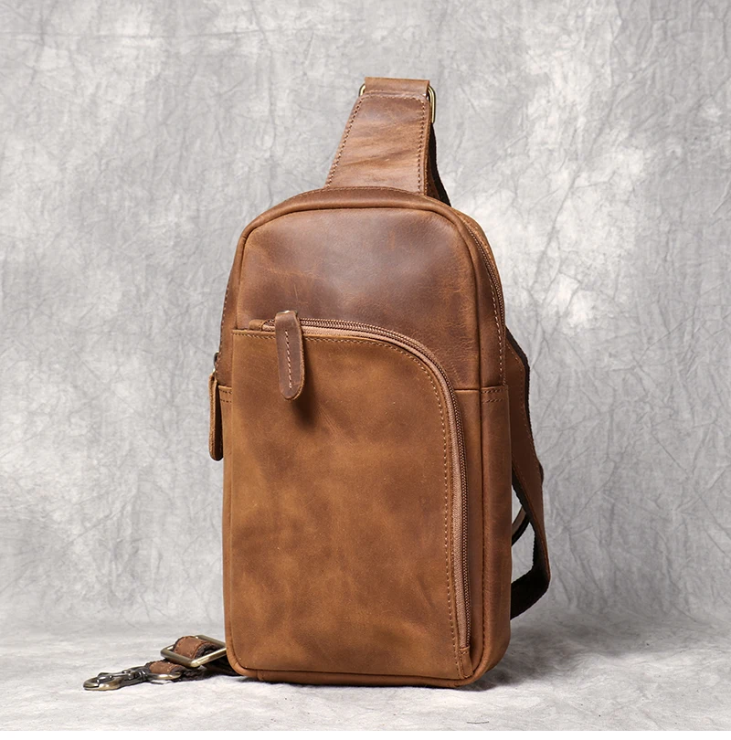 Ręcznie robiona torba na klatkę piersiową z prawdziwej skóry sportowa torba na telefon męska Retro o dużej pojemności Crossbody 7,9 cala Mini ipad torba męska Leathfocus