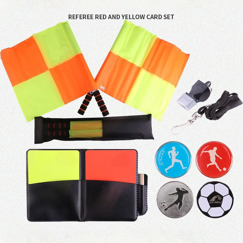

Soccer Referee Flag Coin Cards Whistle Set Professional Football Referee Flag Kit Sport Training Match Set Outdoor Survival Tool