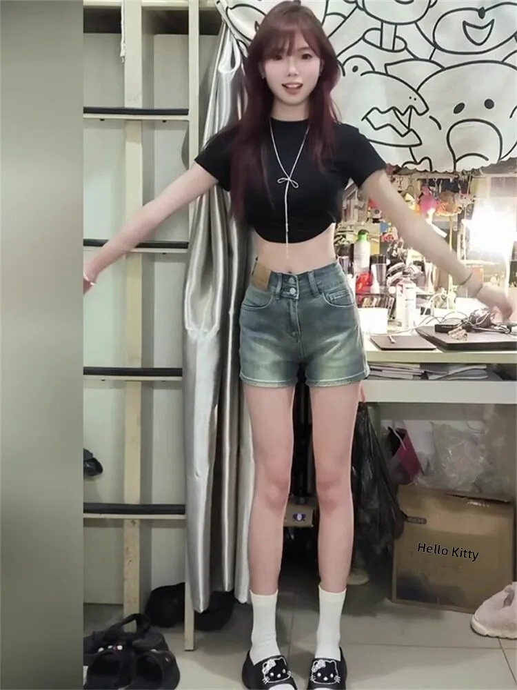 Retro Double Buckle High Waist Denim Shorts Women's Summer New plus Size Flattering All-Match Bodycon Hot Pants Casual Wear