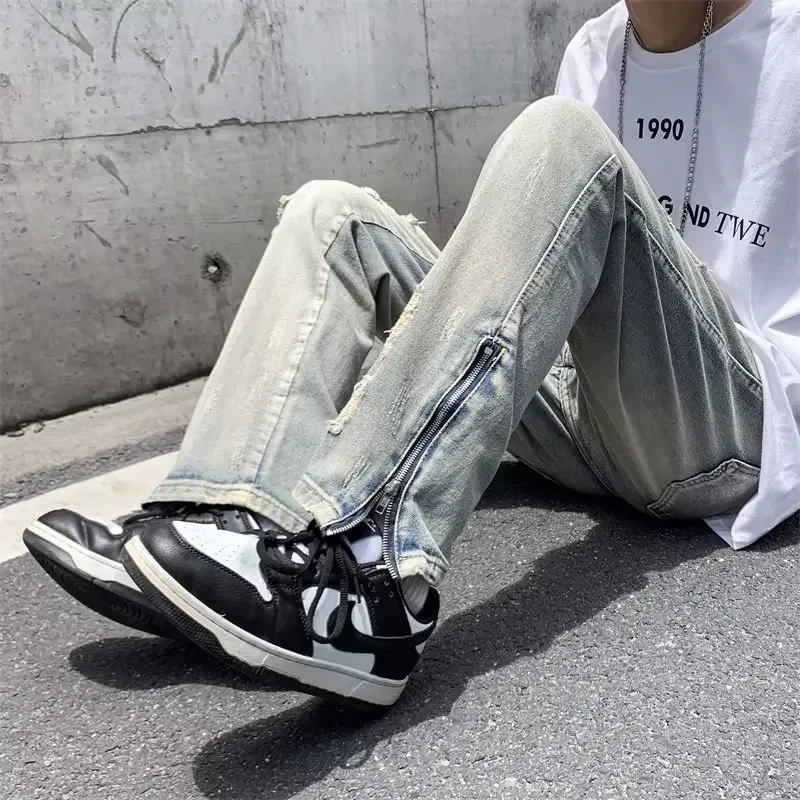 

Men's Spring Summer Fashion Brand Plankton Straight Pants High Street Side Zipper Pants Ins American Vintage Ripped Jeans
