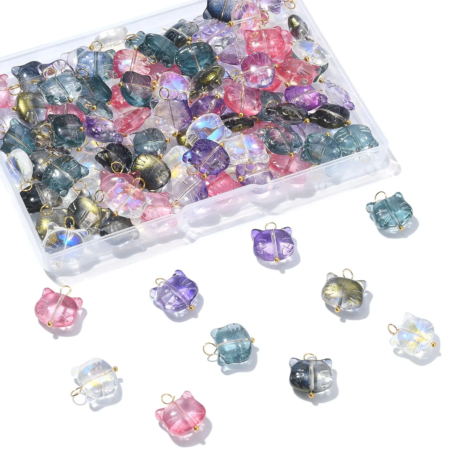 100Pcs 5 Colors Glass Cat Head Pendants Lovely Cat Head Beads with Loop Glass Animal Kitten Charms for Jewelry Earrings Making
