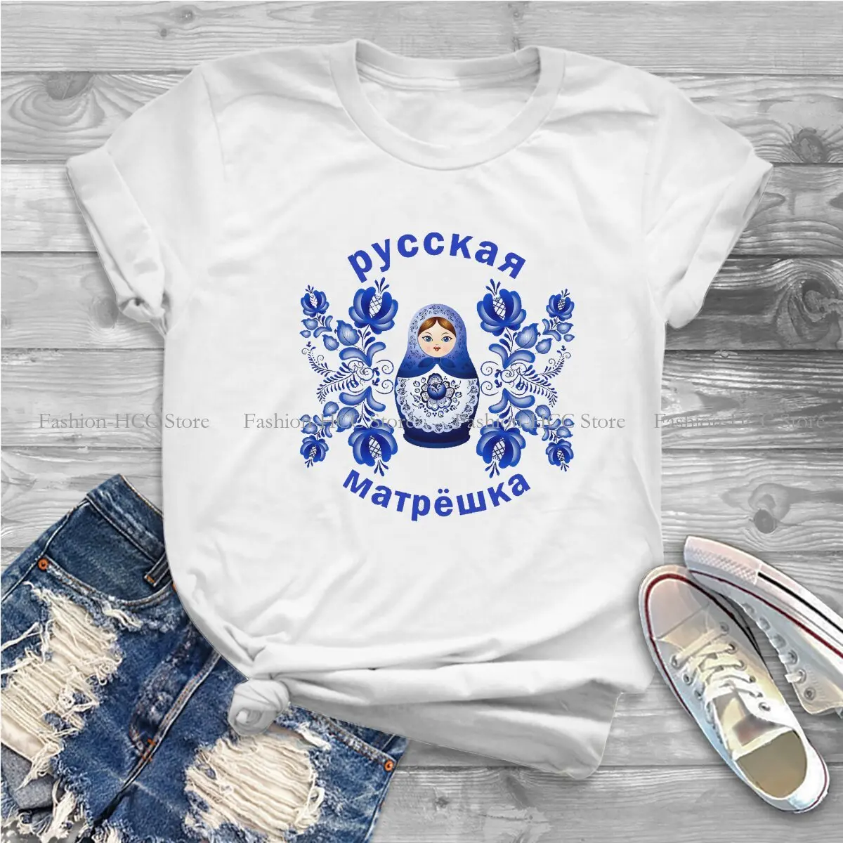 Matryoshka Gzhel Premium Scoop Style Polyester TShirt Russian Doll Russia Comfortable Creative Gift Clothes T Shirt Short Sleeve