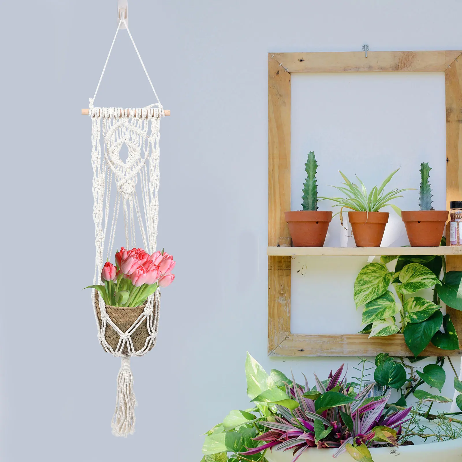 Cotton Rope Basket Plant Hanger H Woven Sling Flowerpot Net Bag Green Plant Hanging Basket Decor Indoor Outdoor Use