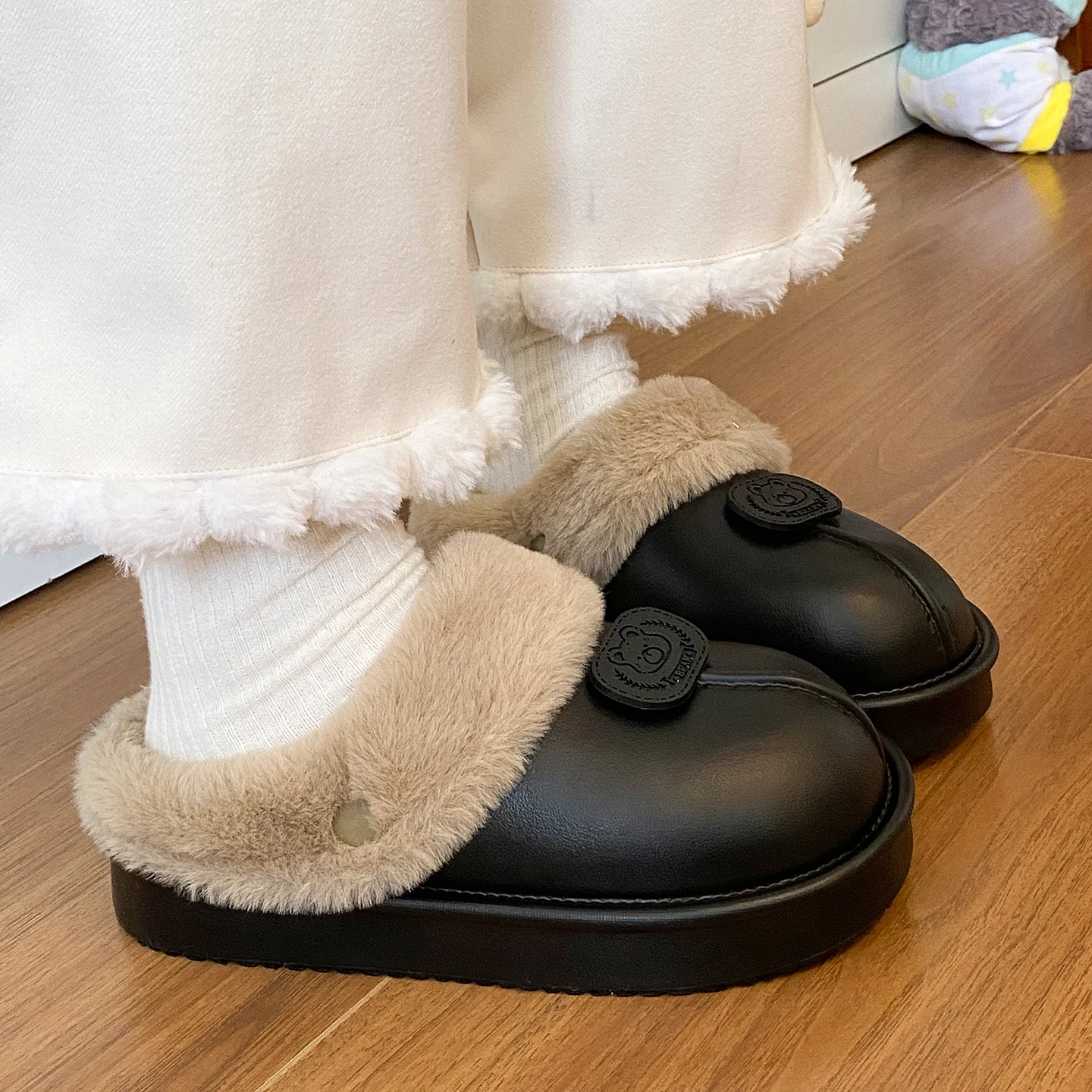 الخريف والشتاء ملابس خارجية غير رسمية خفيفة الوزن شقة سوليد نعال من القطن للنساء المنزل داخلي الصوف مبطن نعال من القطن الدافئ #4