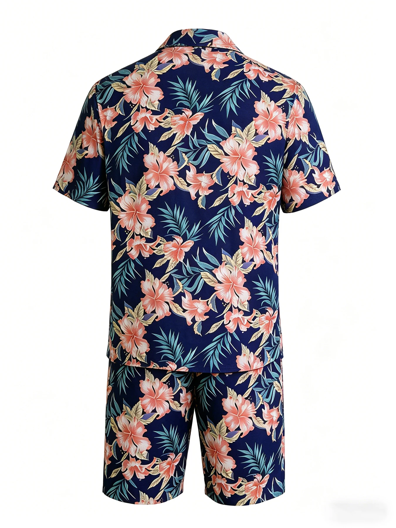 Men Fashion Floral Print Pajama Set Short Sleeve Shirt & Drawstring Elastic Waist Shorts with Pockets Soft Loungewear Nightwear