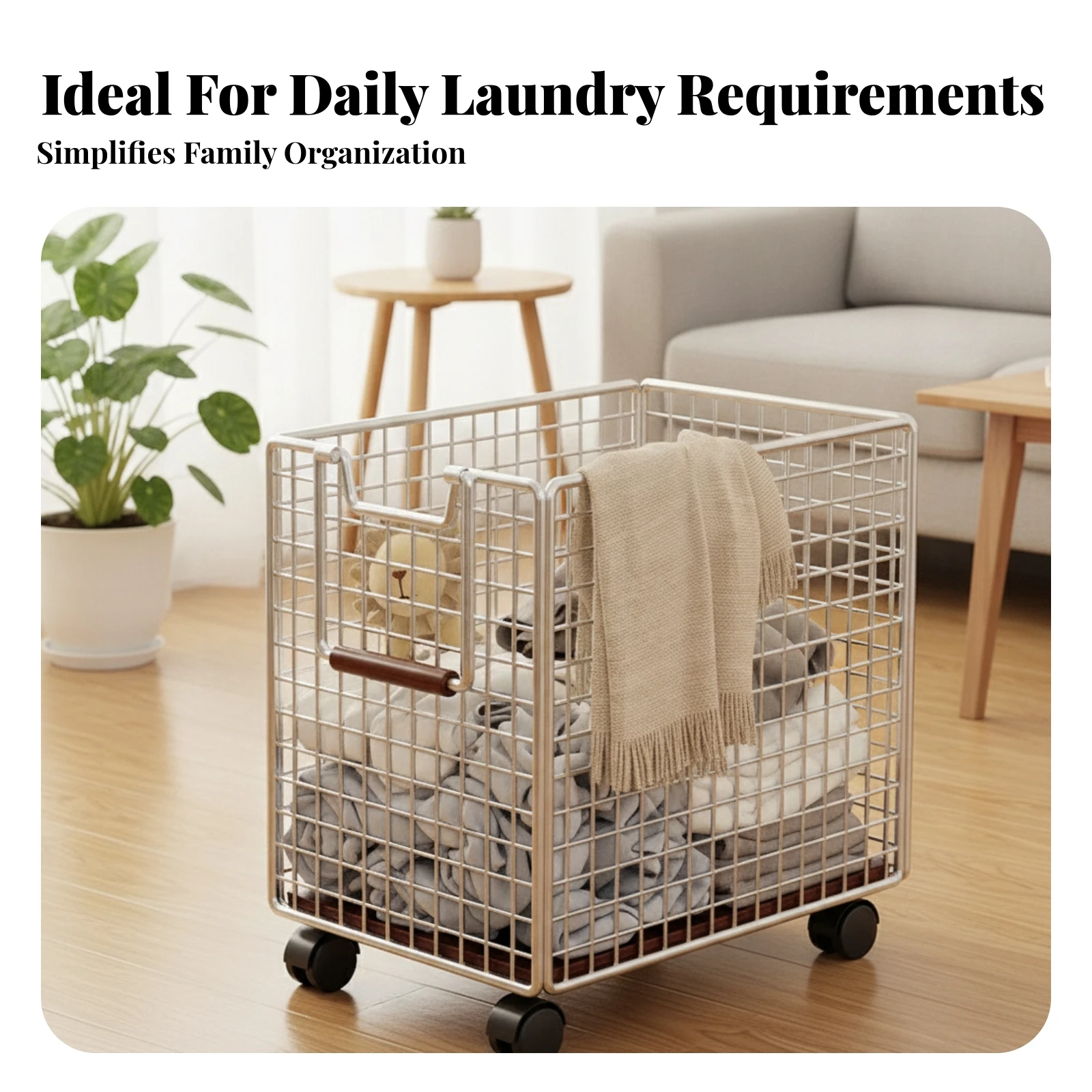 Wheeled Laundry Basket Wood Grip Rolling Laundry Hamper Rolling Clothes Basket Easy to Move Household Storage Handle