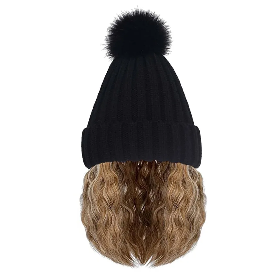 قبعة شتوية دافئة محبوكة سوداء مع وصلة شعر بوب مجعدة ومموجة، قطعة شعر صناعية لملابس خارجية غير رسمية عصرية