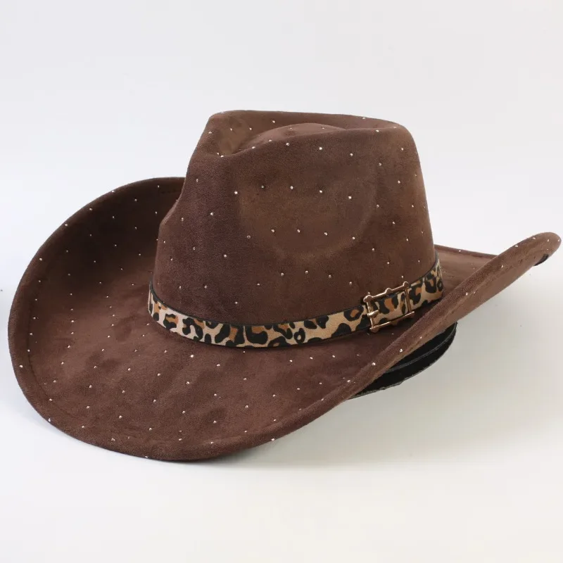Wide-Brim Western Cowboy Fedora Hat for Unisex, Suede-Texture Headwear with Starry Rhinestone Ornaments, Stylish Trendy