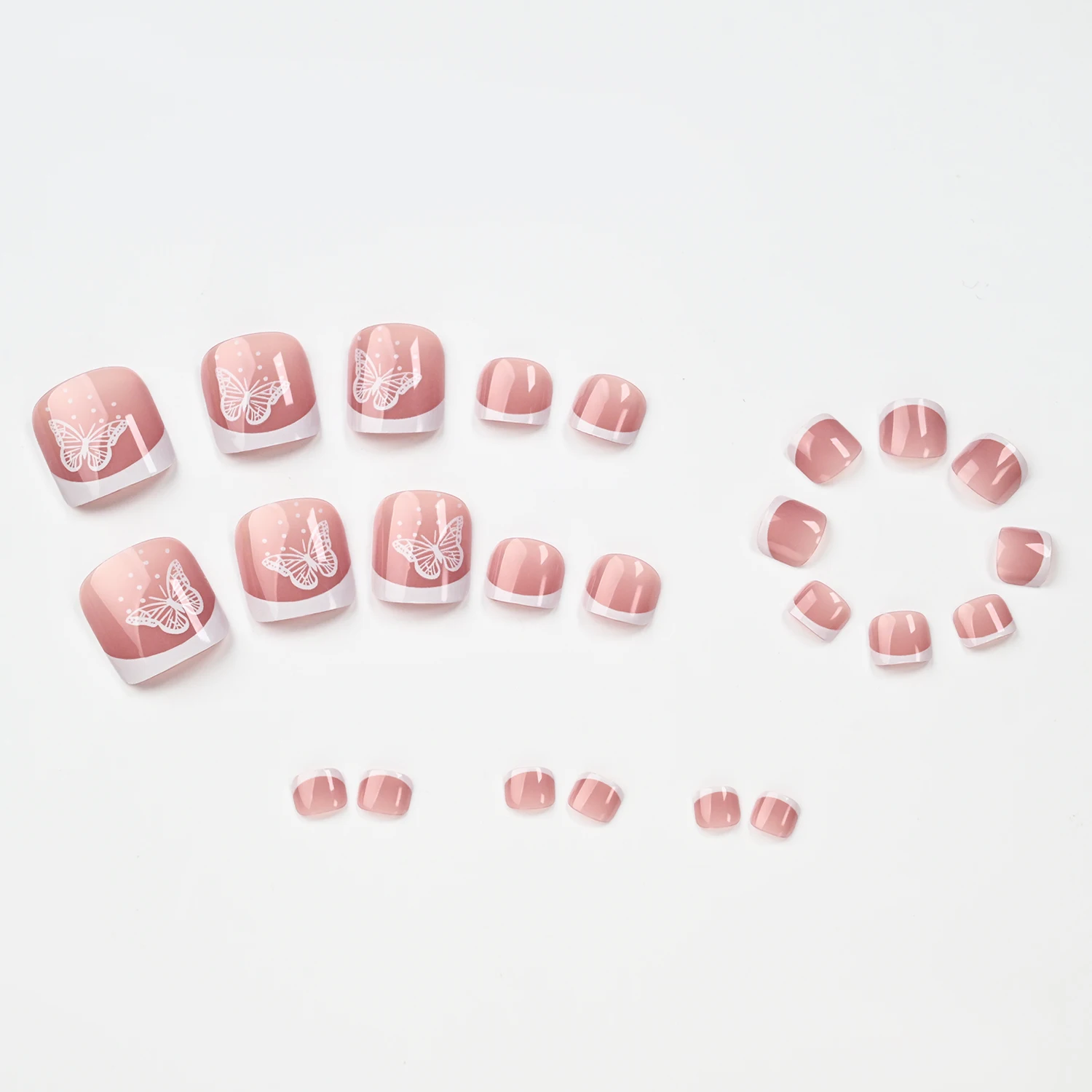 120 Stück Nude-Rosa Französische Künstliche Zehennägel Kurze Weiße Schmetterlings-French-Tips Quadratische Aufklebbare Zehennägel Sommer Strand Tägliche Fußmaniküre – Detail 6