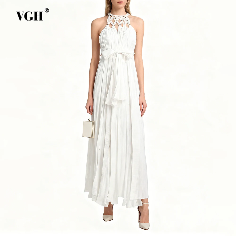 

VGH Hollow Out Beach Style Solid Long Dresses For Women Round Neck Sleeveless High Waist Summer Design Sense Dress Female New