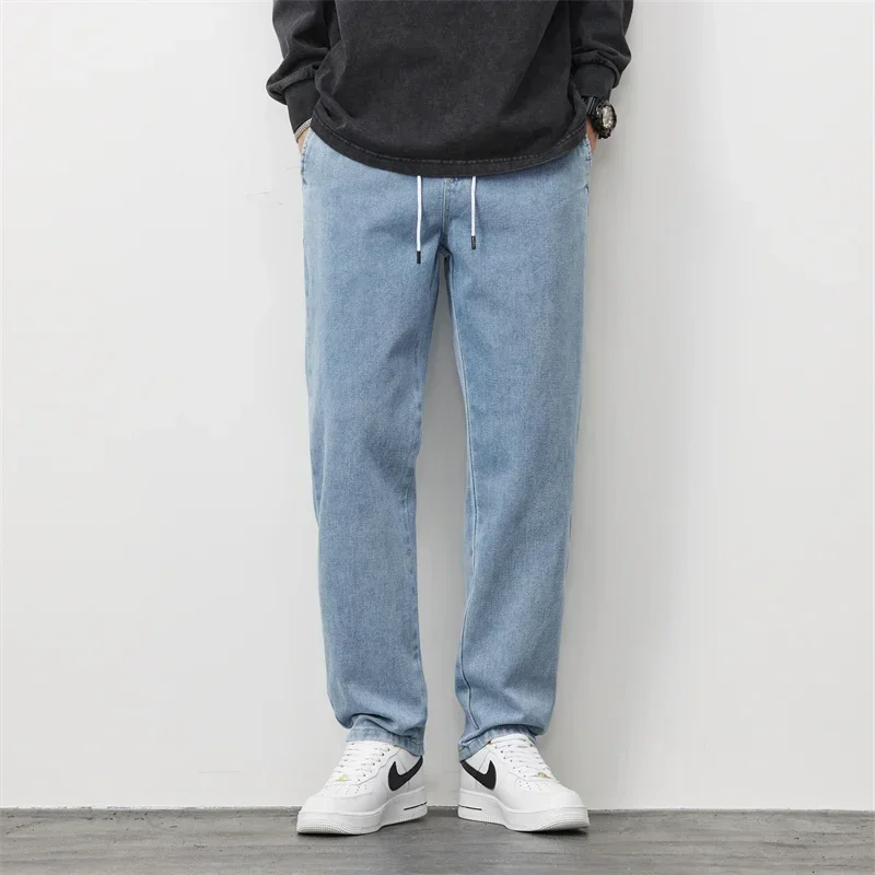 Men's Autumn and Winter Jeans Loose Straight Leg Simple Casual Elasticated Waist Trousers Washed Denim Neutral
