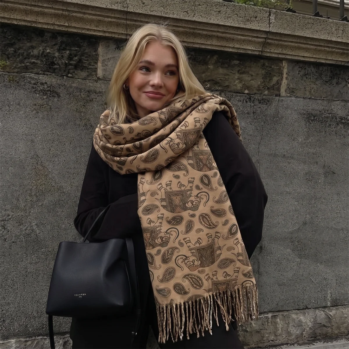 Women Paisley Elephant Print Scarves Soft Imitation Cashmere Fringe Scarf Shawl Warm Neck Wrap for Fall Winter Daily Outfit