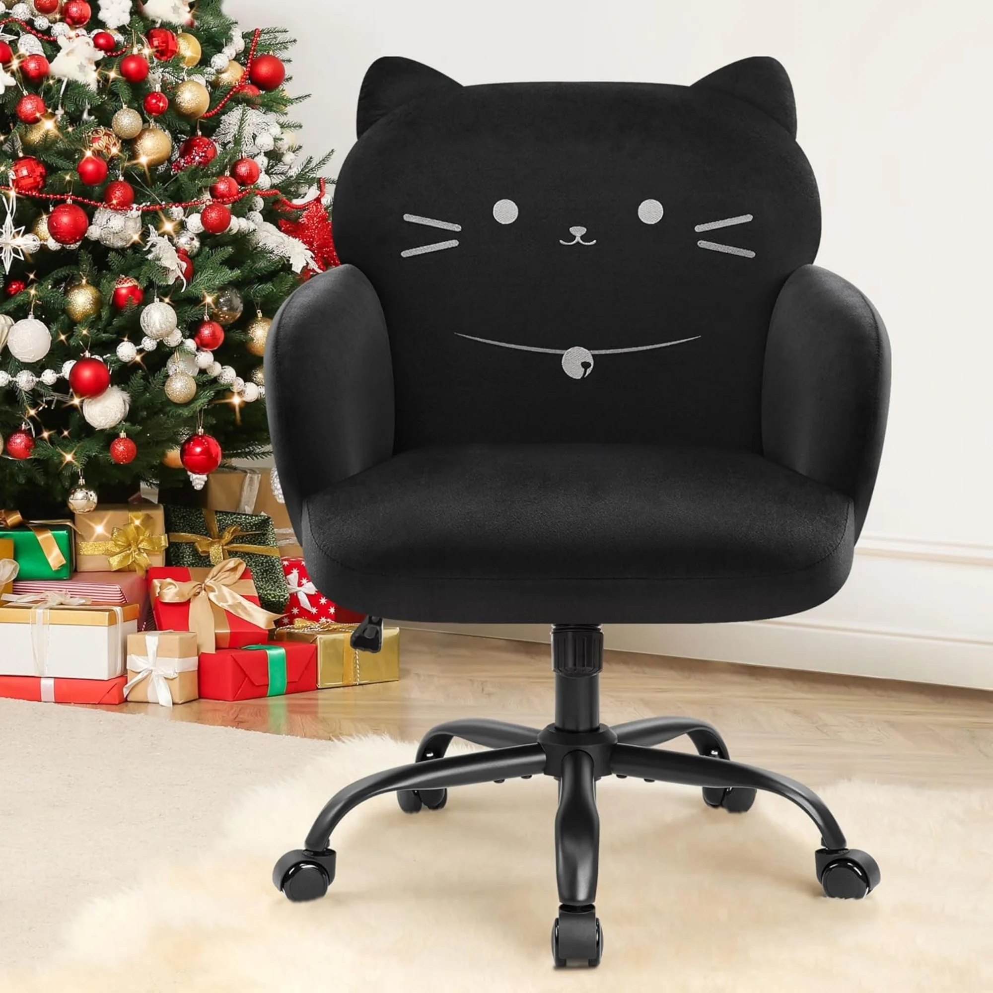

IWMH Home Office Chair Wide Seat Desk Chair Cute Velvet Swivel Vanity Chairs Cat Themed Computer Task Chairs with Wheels Upholstered Modern Accent Armchair for Living Room Bedroom St