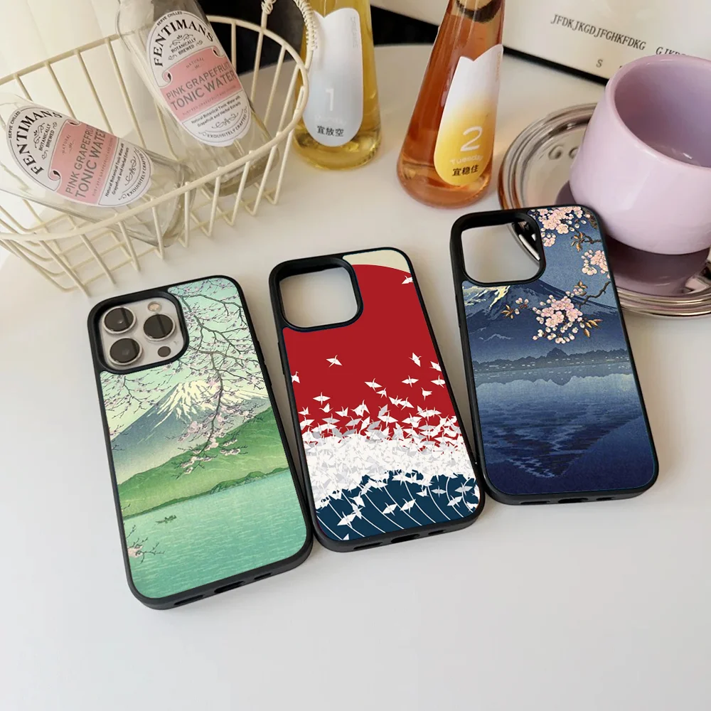 Japanese Art Crane Fuji Mountain Phone Case For IPhone 11 12 13 14 15 16 Plus Pro Max Mirror Acrylic PC TPU Cover