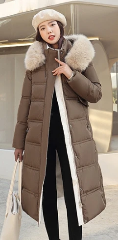 Elegant Cotton Padded Down Coats Women Hoodies Fur Collar With Belt Thicken Female Parkas 2024 Winter Fashion Lady Snow Wears