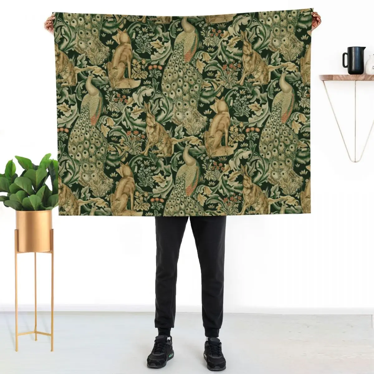 

GREEN FOREST ANIMALS ,PEACOCKS, FOX AND HARE IN GREEN LEAVES,FLORAL PATTERN Throw Blanket