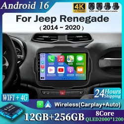 Android 15 Carplay Auto Car Radio for Jeep Renegade 2014 - 2020 GPS Navigation Multimedia Video Player Auto Radio Stereo Audio