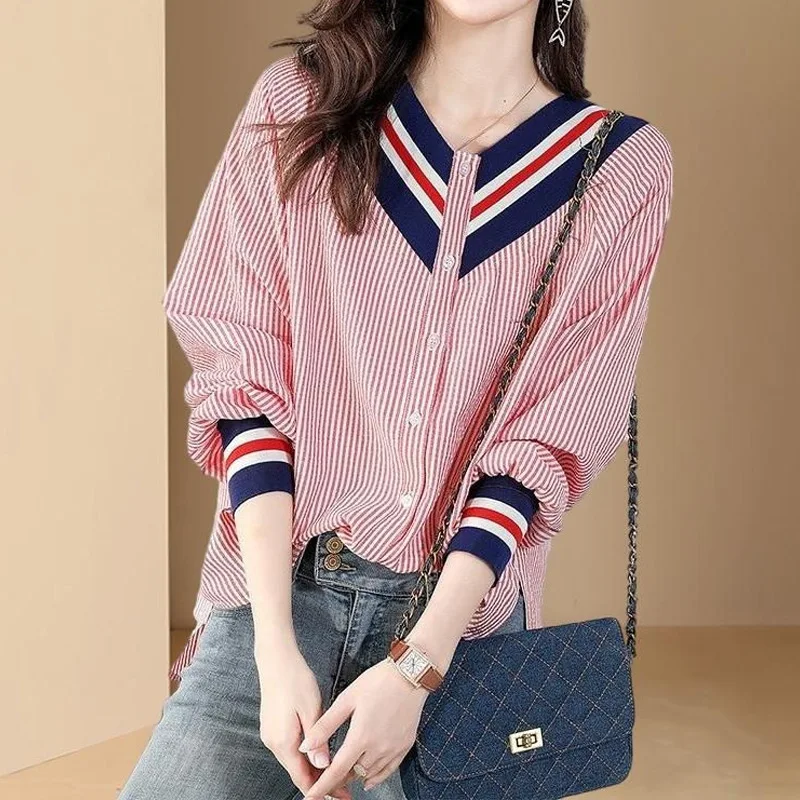 Spring Autumn New Striped Contrast Patchwork Shirt Tops Long Sleeve Loose Button Vintage Blouse Fashion Casual Women Clothing