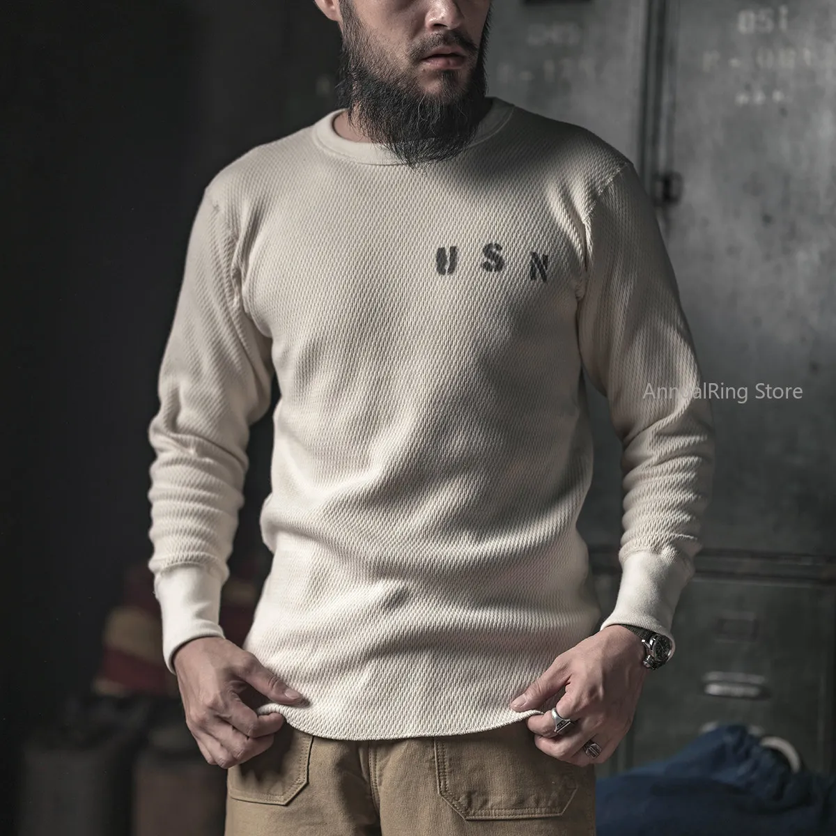 Bronson USN Raschel Knit Waffle Thermal Long Sleeve T Shirts for Men Thick Tee