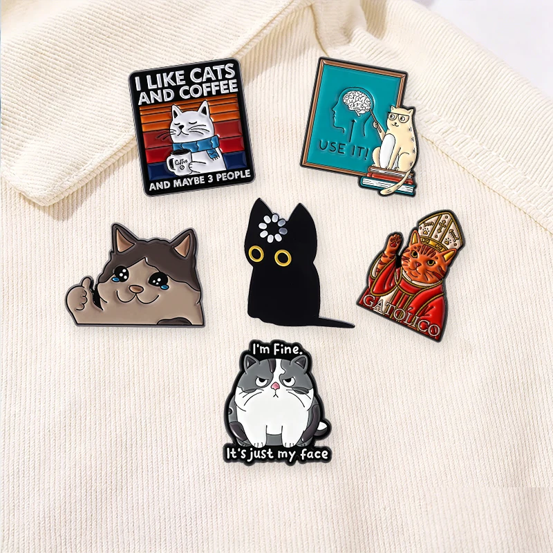 Niedliche Cartoon-Katzen-Kollektion Emaille-Pins Ich mag Katzen & Kaffee Schwarze Katze Void Spinning Loading Metallbrosche Schmuck Großhandel – Detail 12