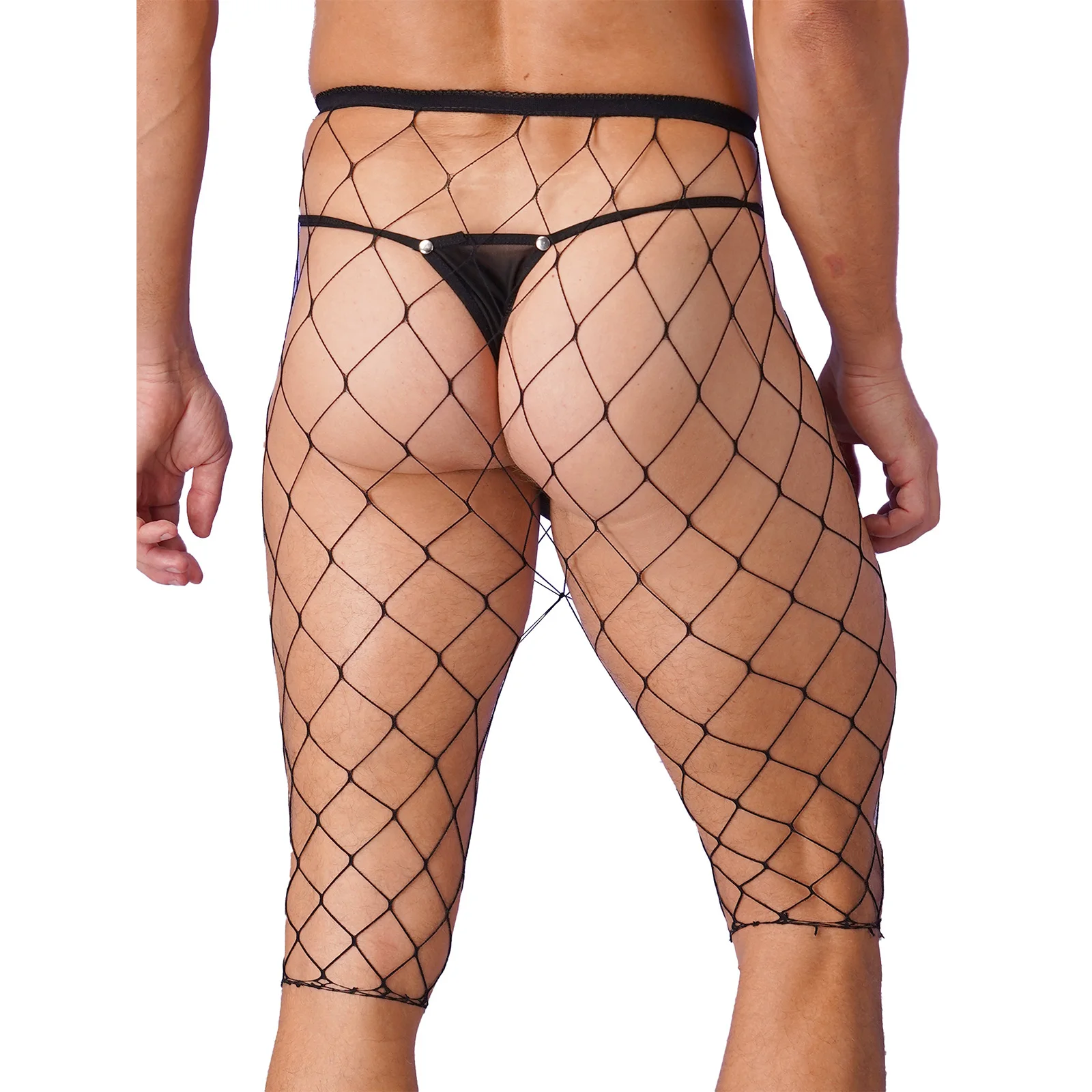 Mens Sexy Fishnet Mesh See-through Hot Pants High Waist Knee Length Stretchy Leggings for Pool Party Rave Nightclub Nightwear