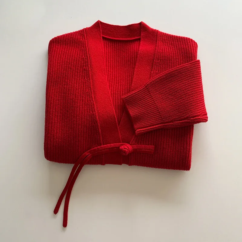 Red!! Chinese Style Buckle V-neck Knitted Cardigan with Elastic and Comfortable Fit, Soft Wool Sweater Jacket, 2024