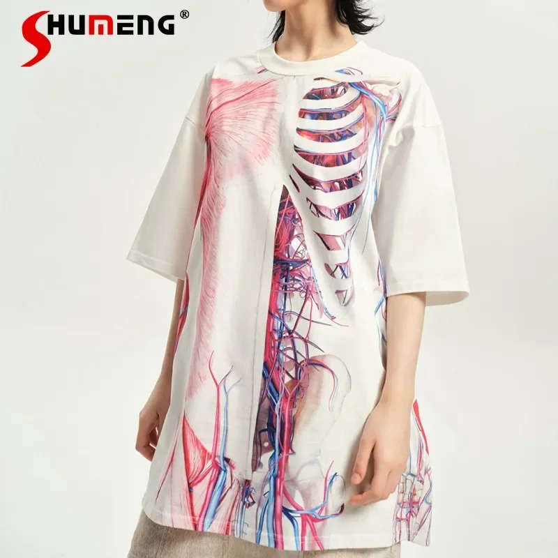 2024 Summer New Tees See-through Human Skeleton Fun Printing Oversized Loose Round Neck Summer T-shirt Short Sleeves Pullovers