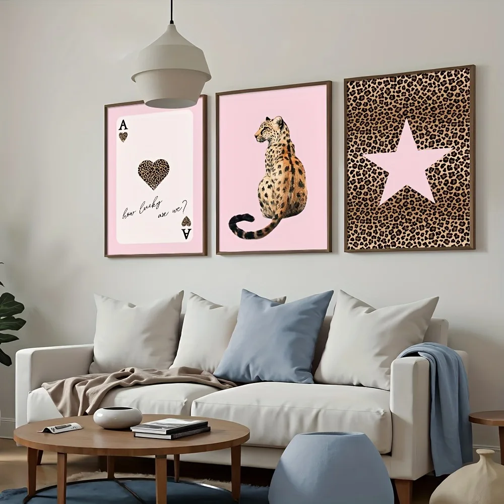 3pcs Frameless Pink Leopard Playing Cards Cheetah Art Fashion Poster Canvas Printing Simple Luxury Girl Room Modern Home Decor