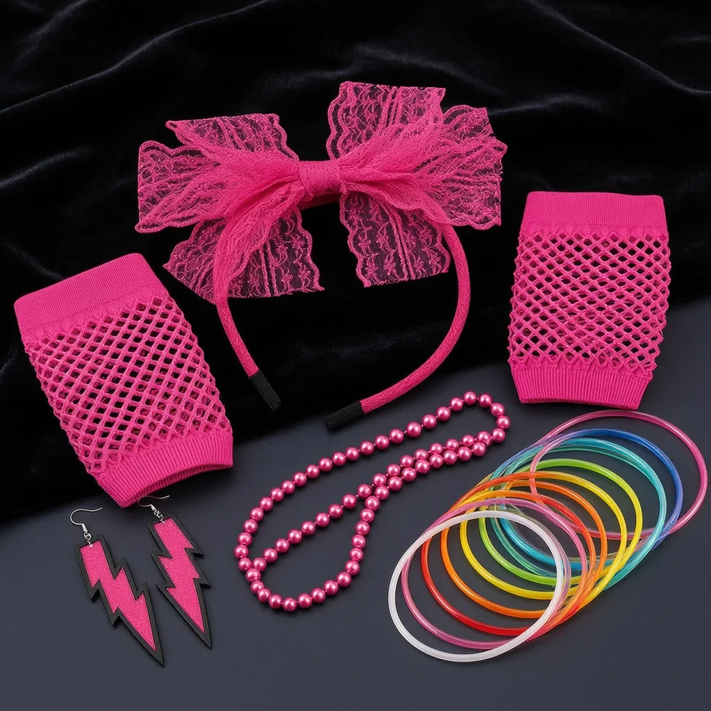 Costume Accessory Set Featuring Fishnet Gloves Lace Headband Jewelry Earrings Necklace Bracelet 80s Retro Style For Party